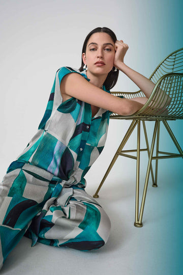 Joseph Ribkoff Green/Multi Textured Satin Geometric Print Boxy Top With Front Ties