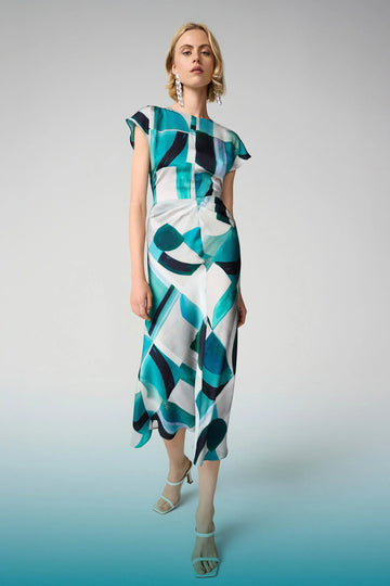 Joseph Ribkoff Green/Multi Textured Satin Geometric Print Fit and Flare Dress