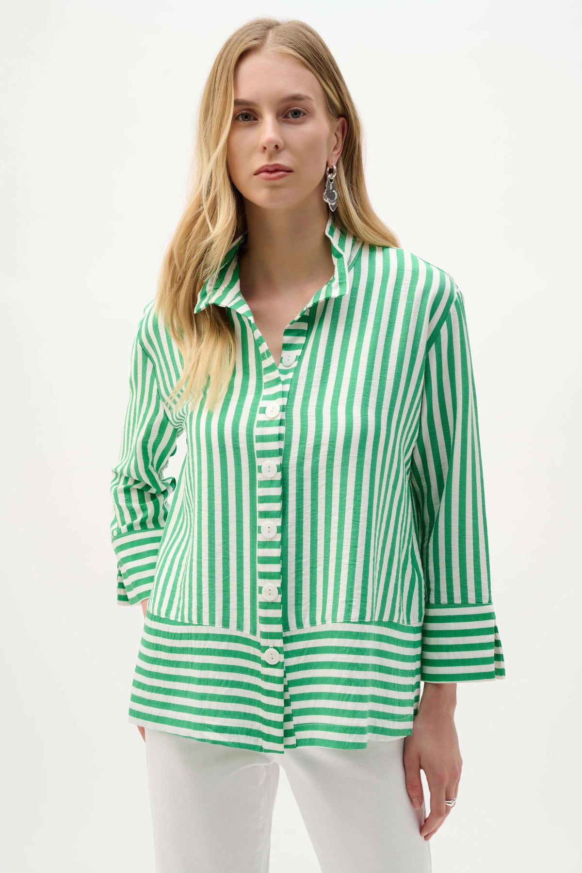 Joseph Ribkoff Green/Vanilla Woven Stripe Print Straight Jacket