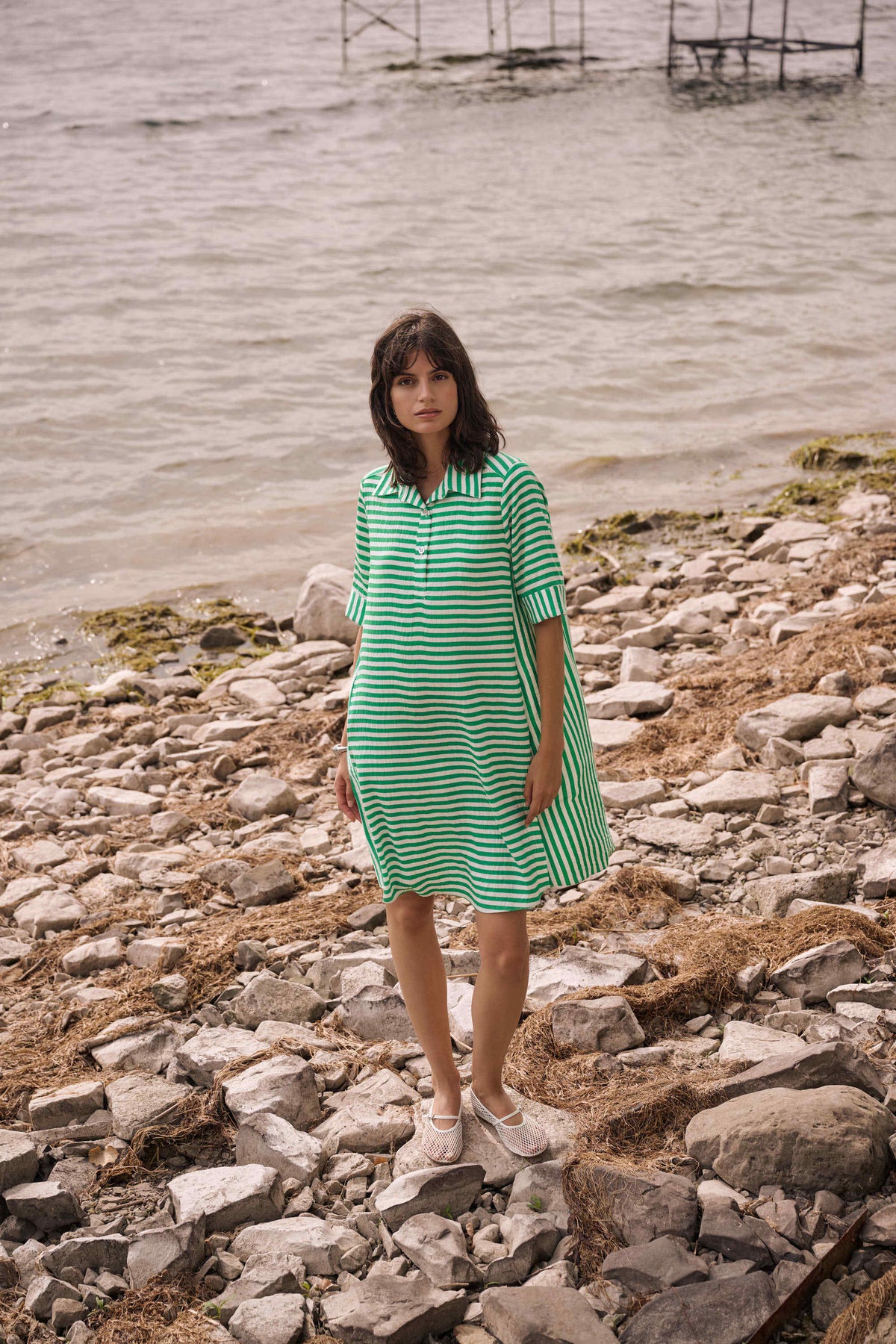 Joseph Ribkoff Green/Vanilla Woven Stripe Print Trapeze Dress