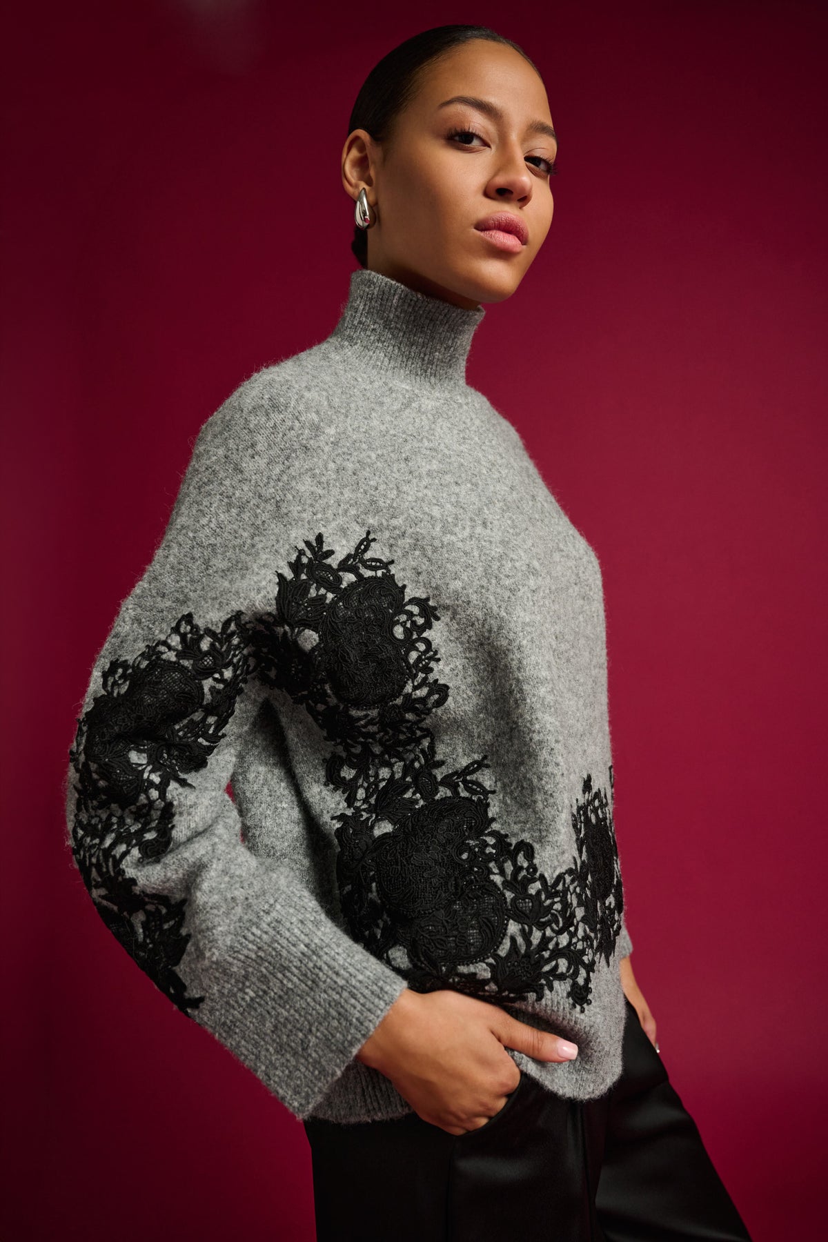 Joseph Ribkoff Grey Melange/Black Lace Applique Mock Neck Sweater