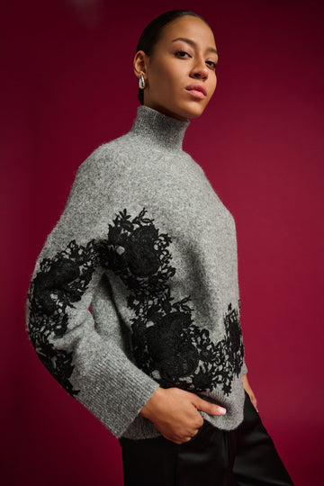 Joseph Ribkoff Grey Melange/Black Lace Applique Mock Neck Sweater