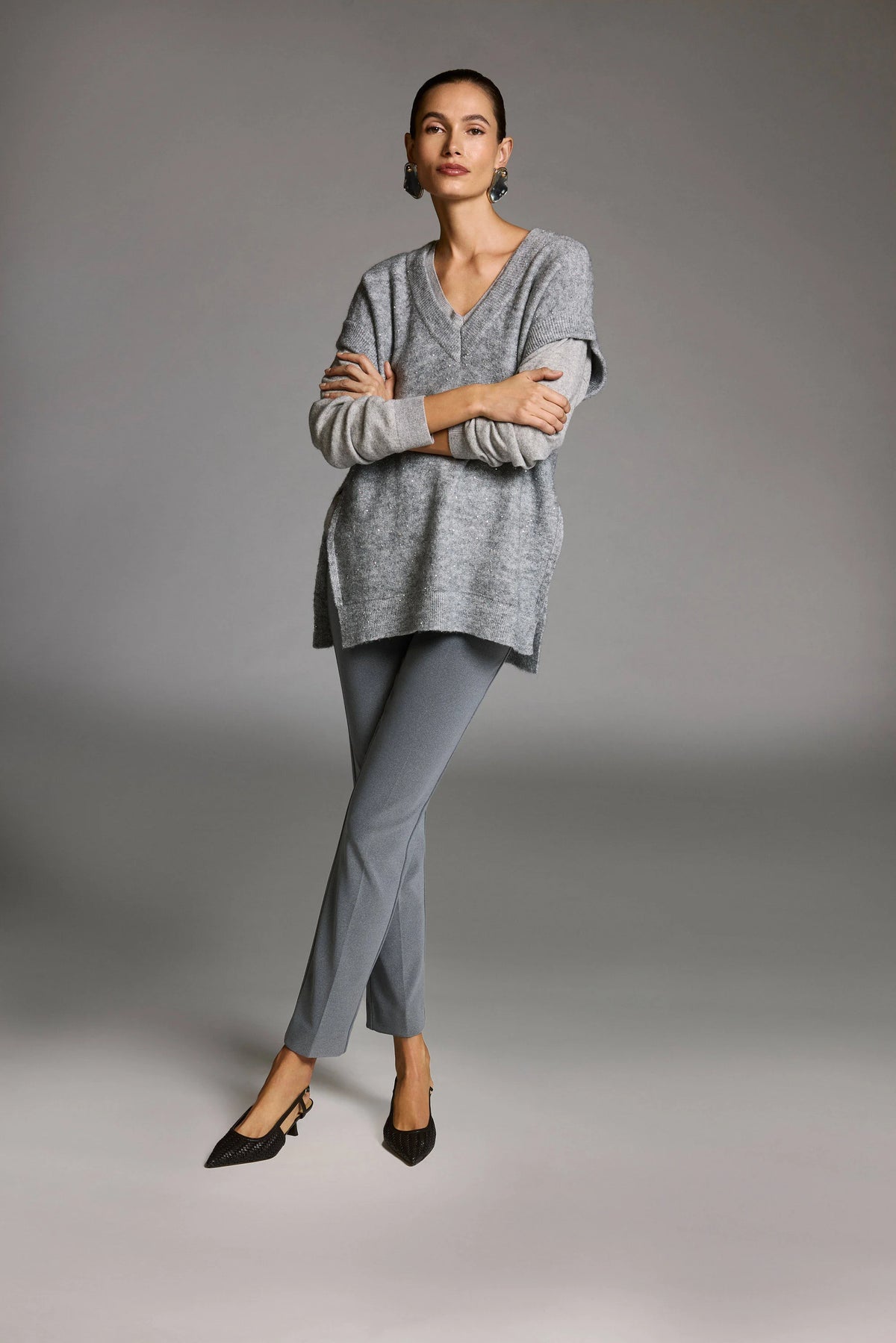 Joseph Ribkoff Grey Sweater Knit Sleeveless Tunic with Sequins