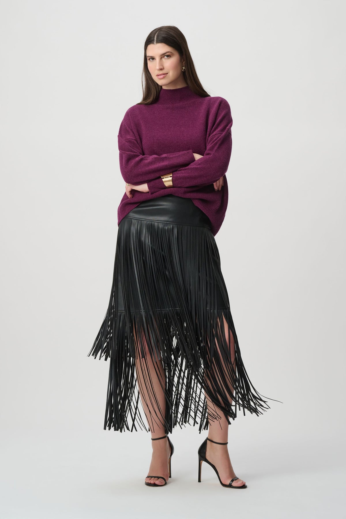 Joseph Ribkoff Icon Edit 57 Elizabeth Hurley Black Faux Leather Fringed Skirt