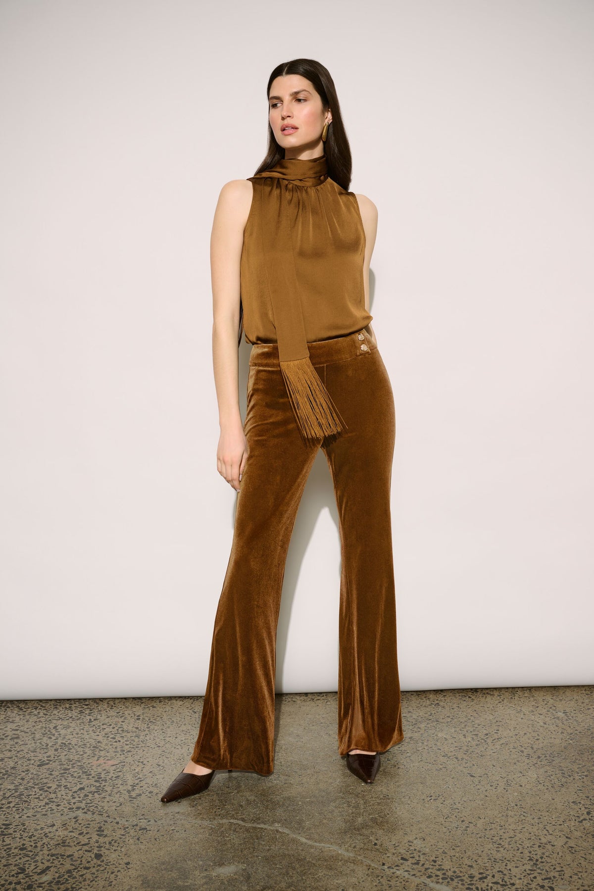 Joseph Ribkoff Icon Elizabeth Hurley Edit 57 Bronze Top With Scarf Tie