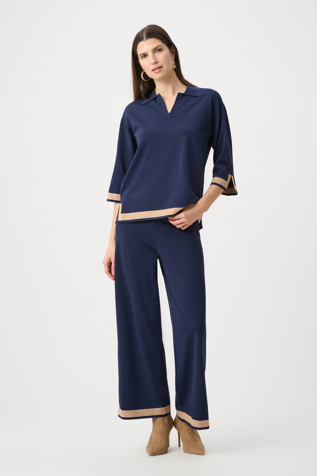 Joseph Ribkoff Indigo/Camel Sweater Knit Colour Block Culotte Pants