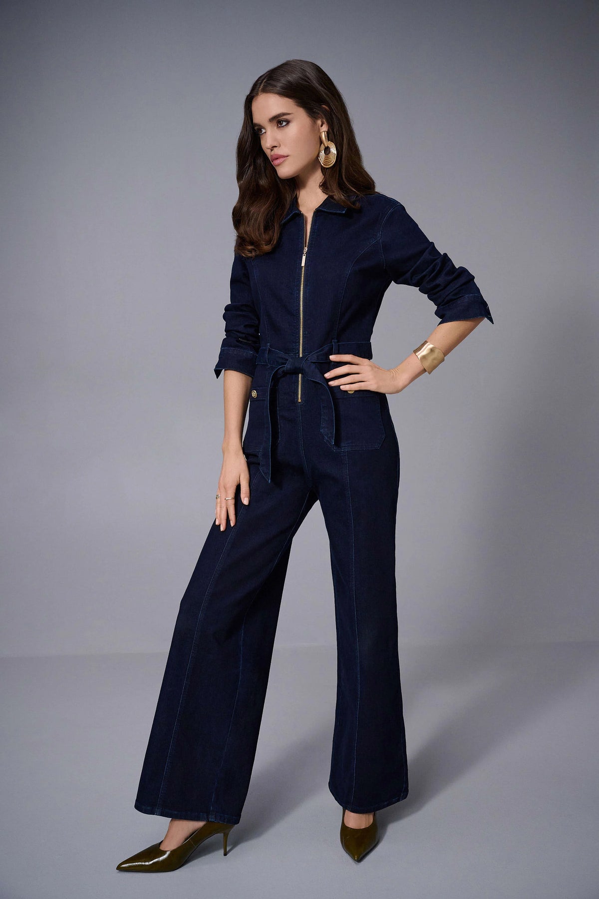 Joseph Ribkoff Indigo Strong Blue Stretch Denim Zip Front Wide-Leg Jumpsuit