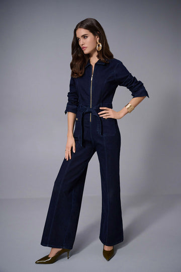 Joseph Ribkoff Indigo Strong Blue Stretch Denim Zip Front Wide-Leg Jumpsuit