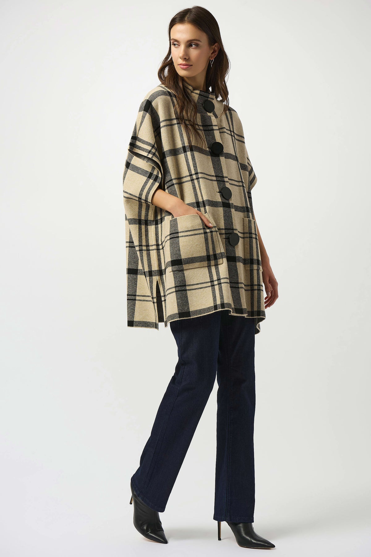 Joseph Ribkoff Jacquard Sweater Knit Plaid Poncho