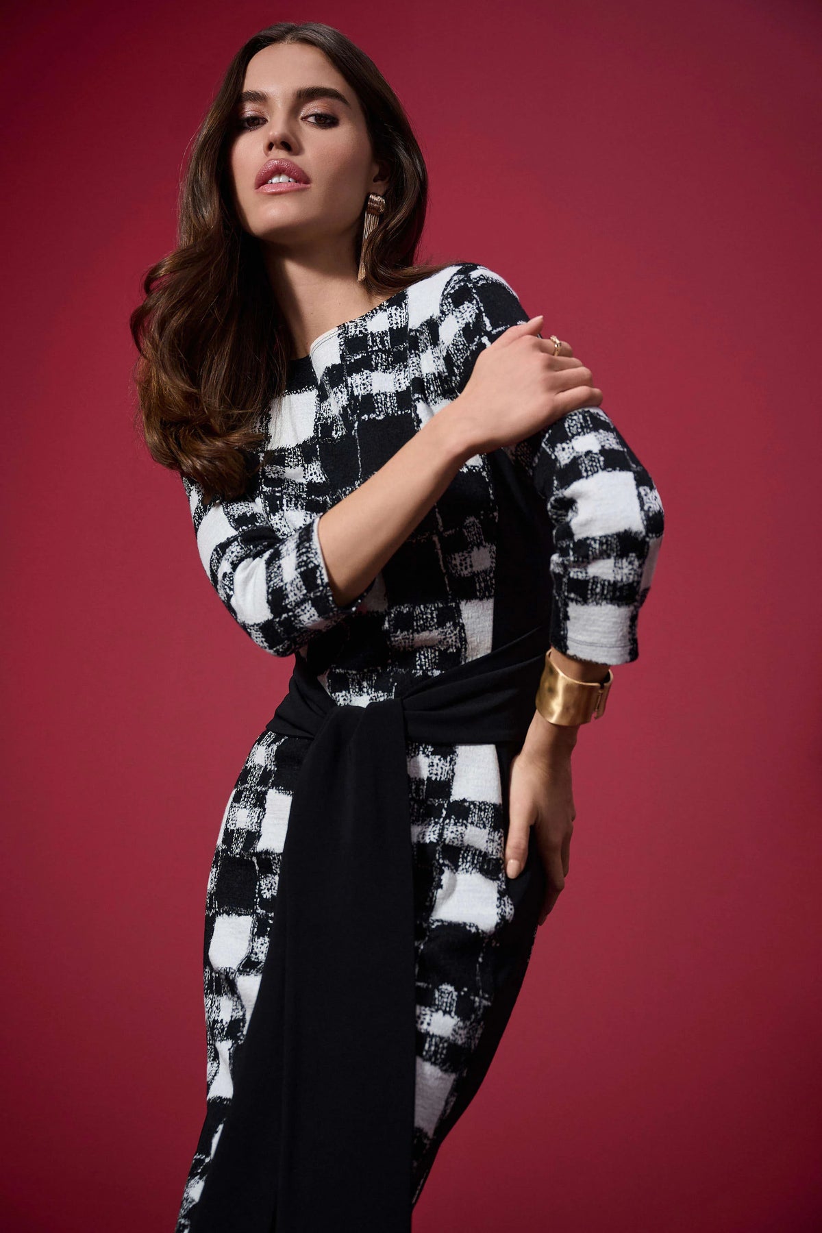 Joseph Ribkoff Jacquard Sweater Plaid Print Sheath Dress