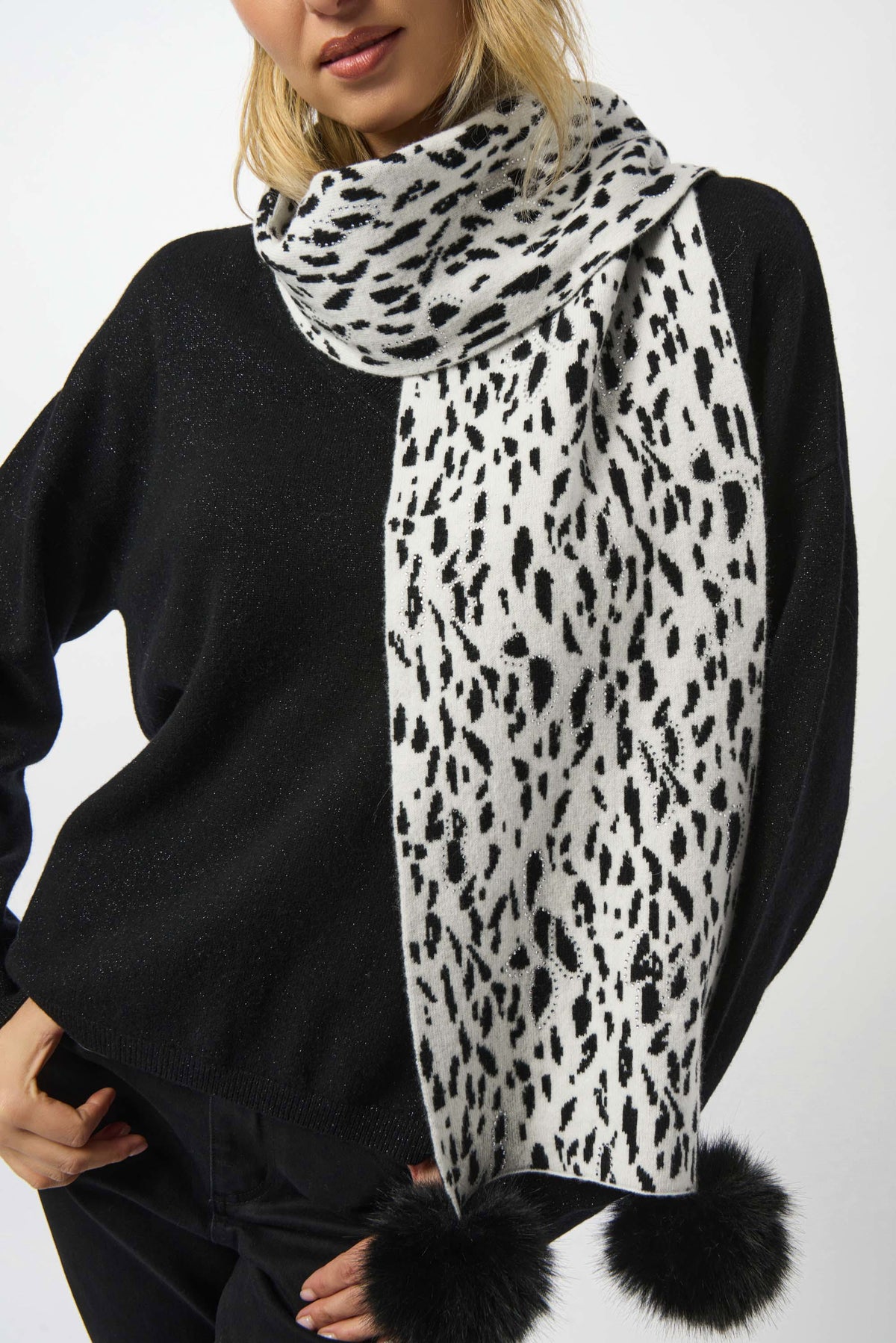 Joseph Ribkoff Knitted Animal Print Pompom Scarf