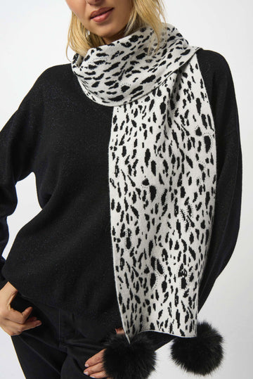 Joseph Ribkoff Knitted Animal Print Pompom Scarf