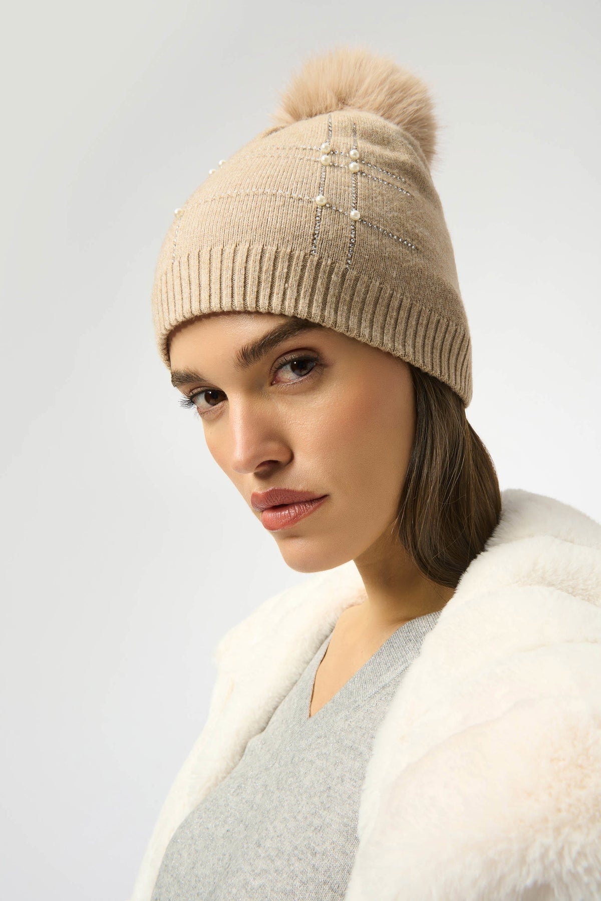 Joseph Ribkoff Knitted Faux Fur Pompom Hat