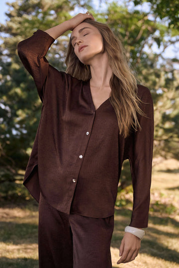 Joseph Ribkoff Mahogany Crushed Satin Boxy Top With Dolman Sleeves