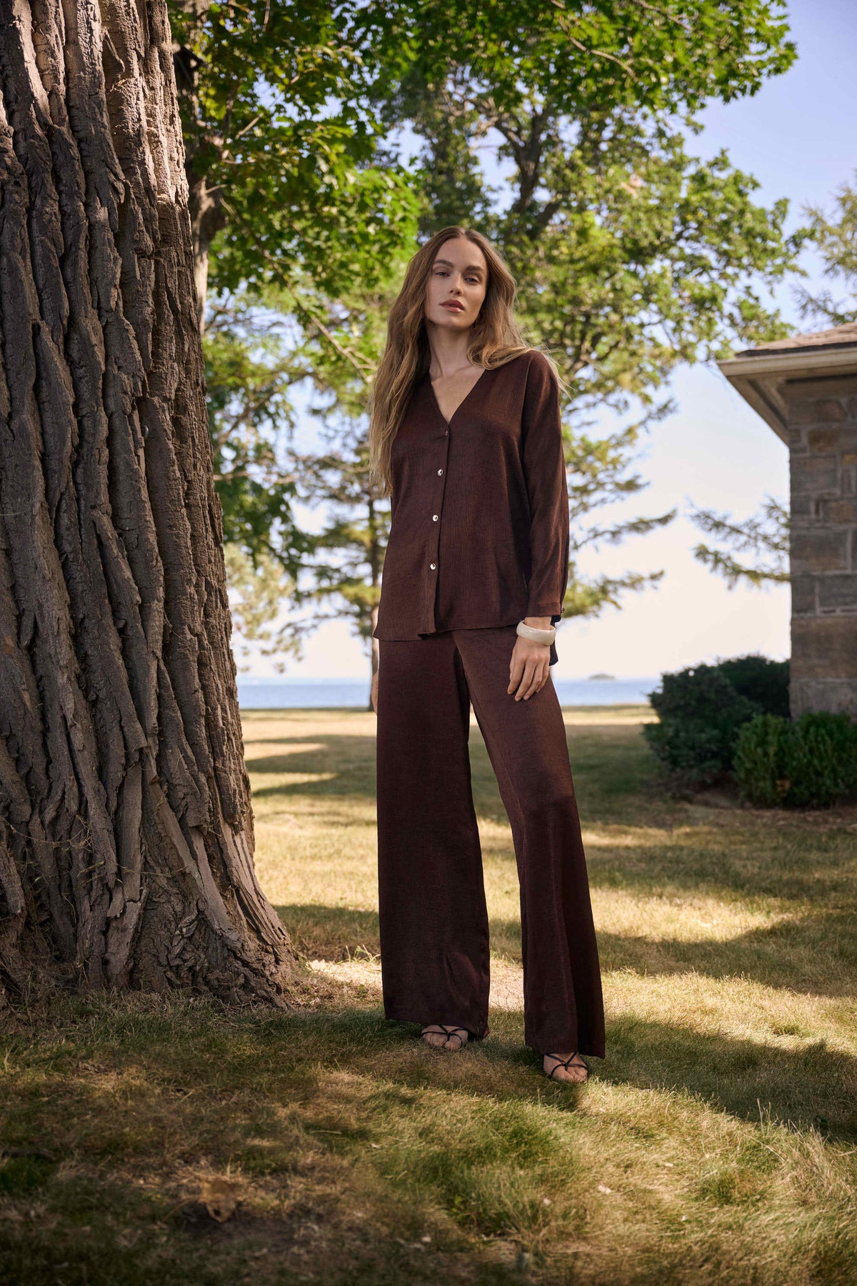 Joseph Ribkoff Mahogany Crushed Satin Wide Leg Pull-On Pants With Drawstring