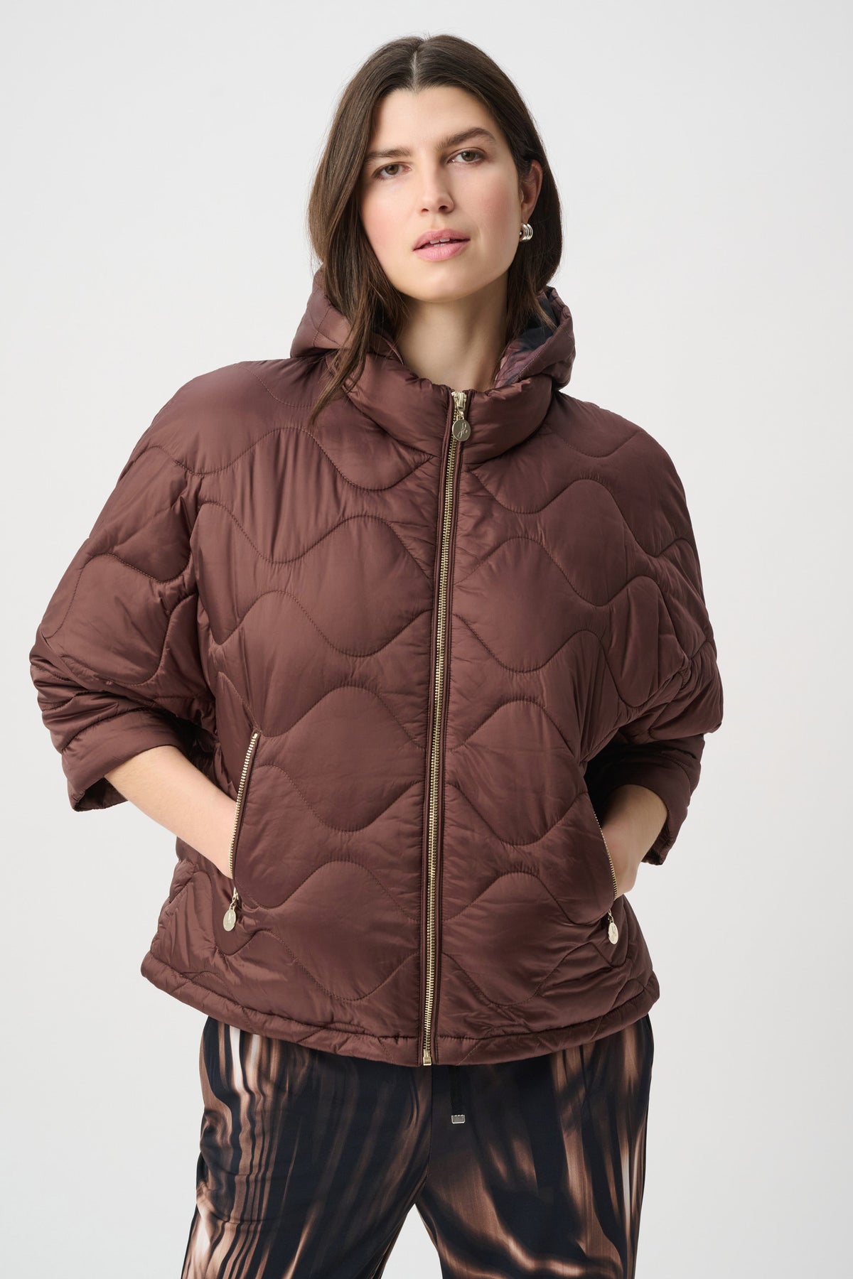Joseph Ribkoff Mahogany Hooded Quilted Cocoon Jacket