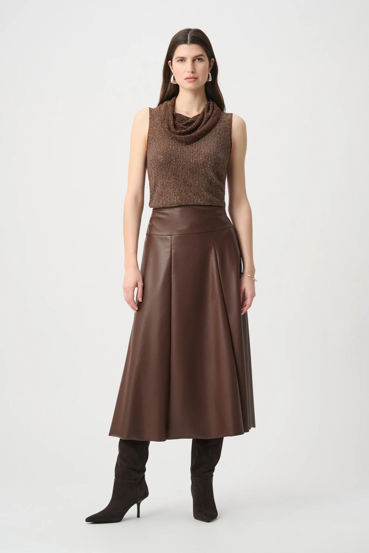Joseph Ribkoff Mahogany Leatherette Flared Midi Skirt