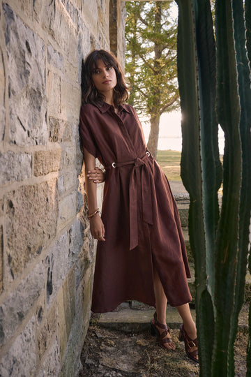 Joseph Ribkoff Mahogany Linen Blend Fit And Flare Shirt Dress With Sash