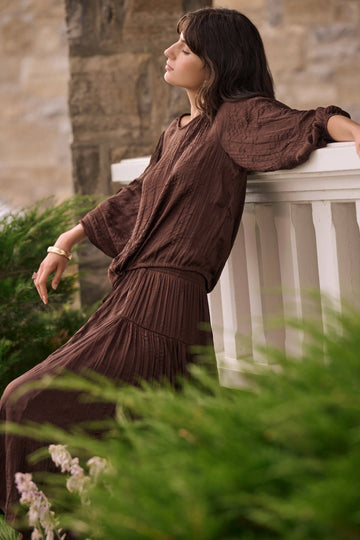 Joseph Ribkoff Mahogany Pleated Satin Cocoon Top With Pleats