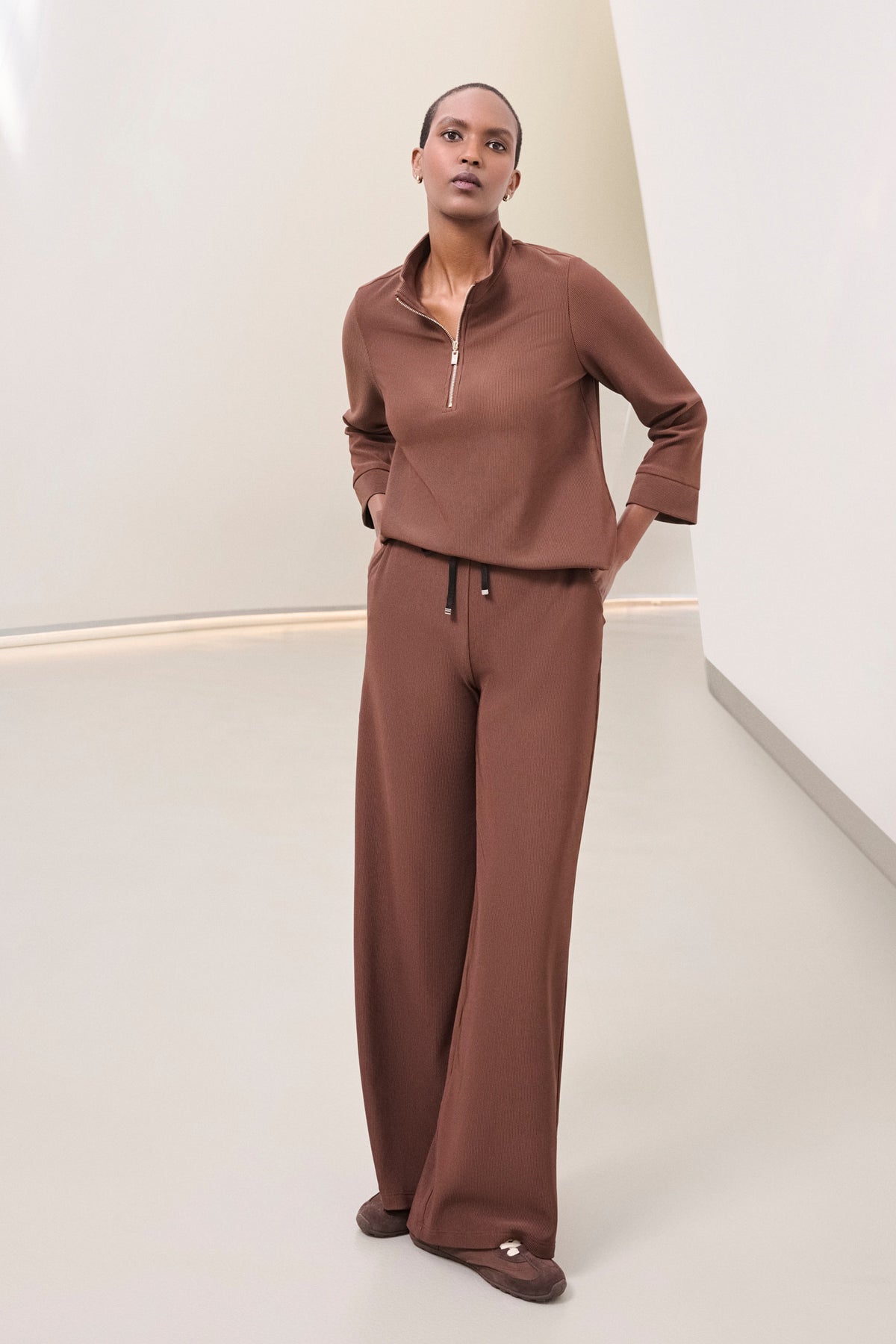 Joseph Ribkoff Mahogany Rib Knit Wide-Leg Pull-On Pants