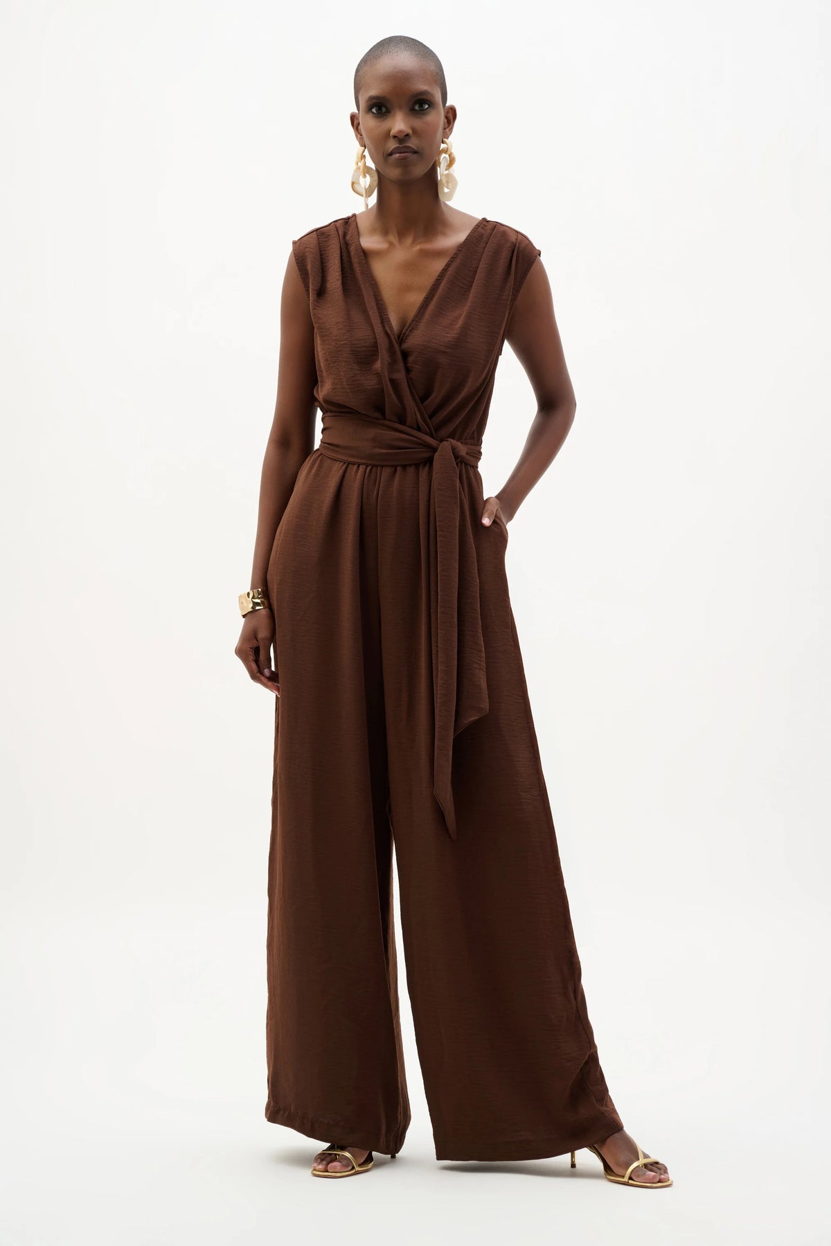Joseph Ribkoff Mahogany Woven Gauze Wide Leg Pull-On Jumpsuit