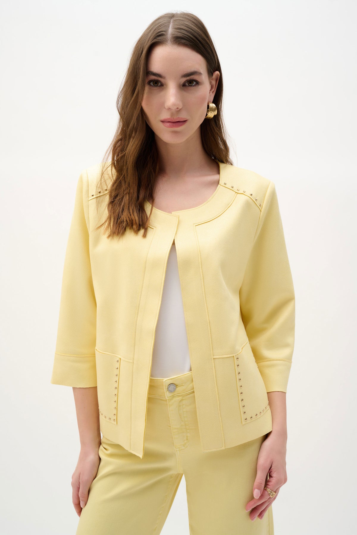 Joseph Ribkoff Mellow Yellow Foiled Scuba Suede Boxy Jacket With Stud Details