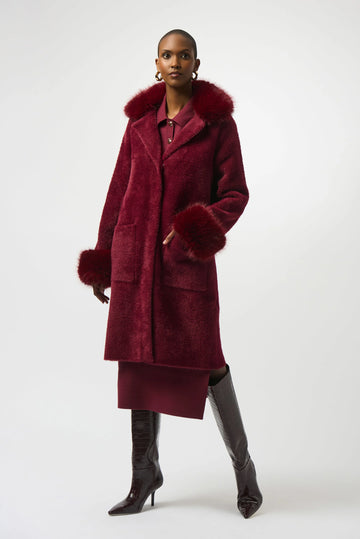 Joseph Ribkoff Merlot - Feather Yarn and Faux Fur Sweater Coat