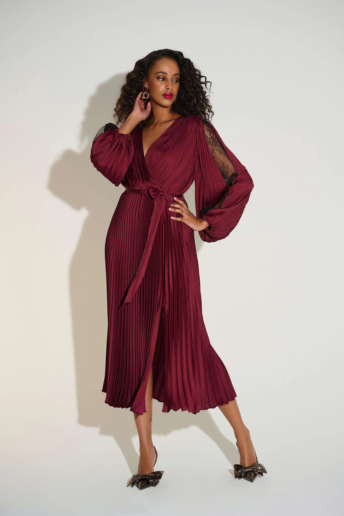 Joseph Ribkoff Merlot Pleated Satin Fit &amp; Flare Dress