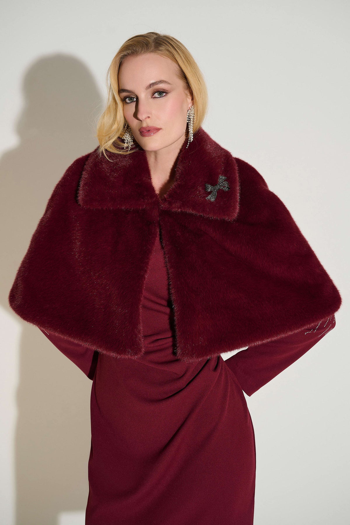 Joseph Ribkoff Merlot Signature | Faux Fur Cape with Crystal Brooch