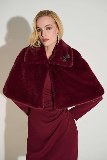 Joseph Ribkoff Merlot Signature | Faux Fur Cape with Crystal Brooch