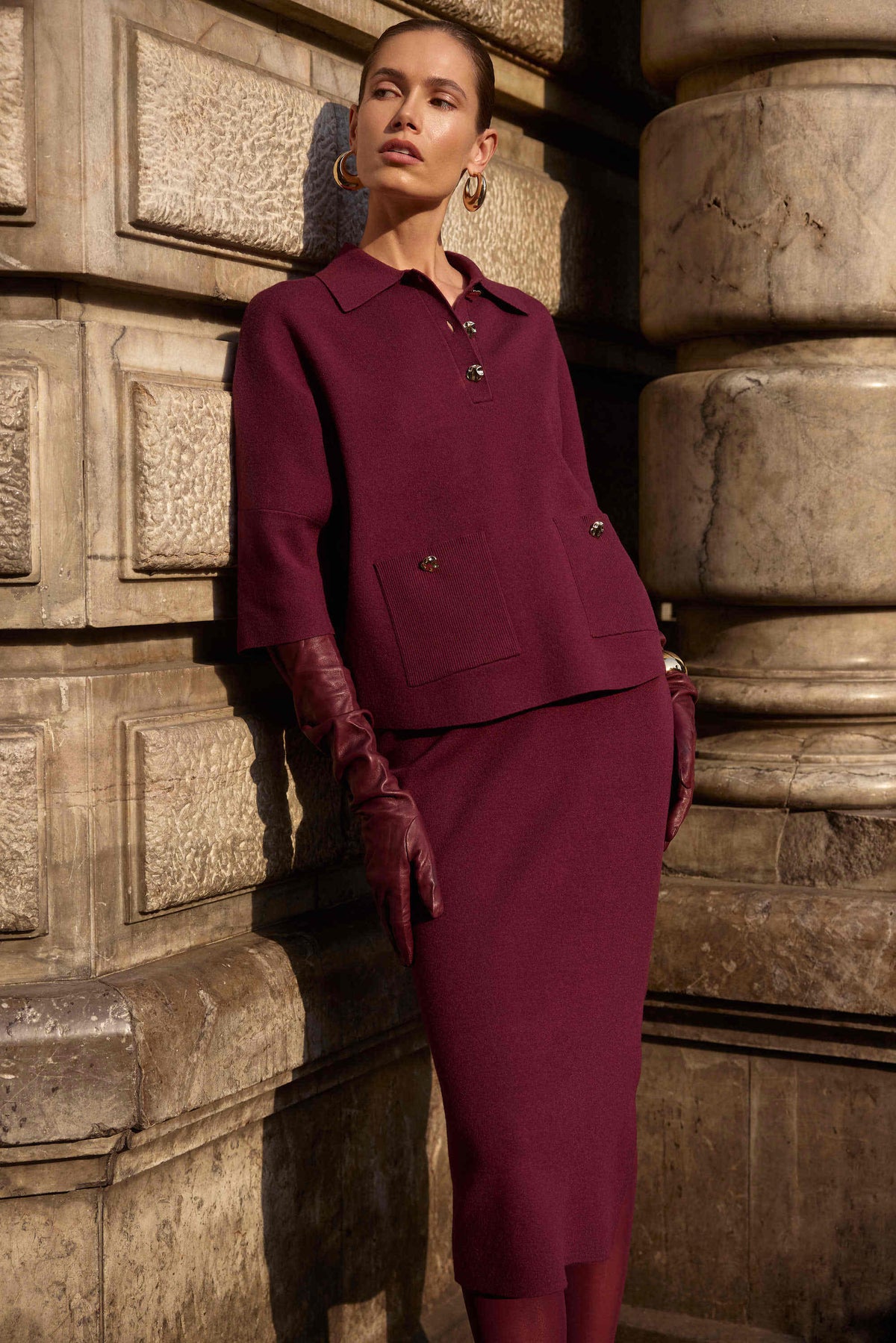 Joseph Ribkoff Merlot Sweater Knit Boxy Pullover With Polo Collar