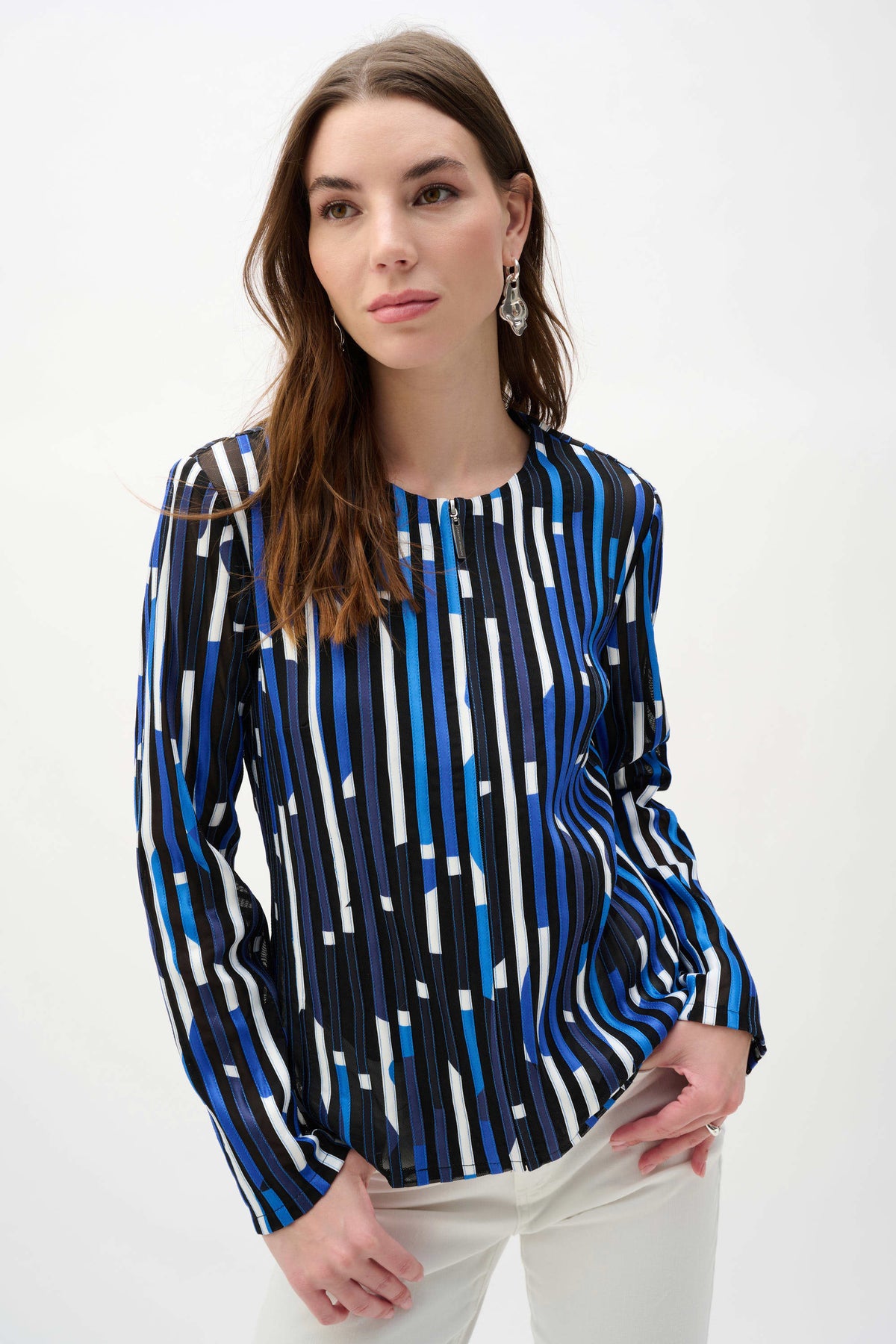 Joseph Ribkoff Mesh And Satin Geometric Print Fitted Jacket