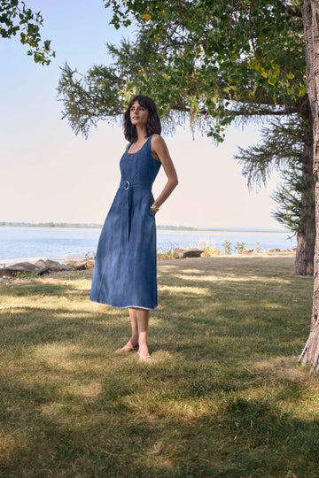 Joseph Ribkoff Mid Blue Denim Fit And Flare Midi Dress With Belt