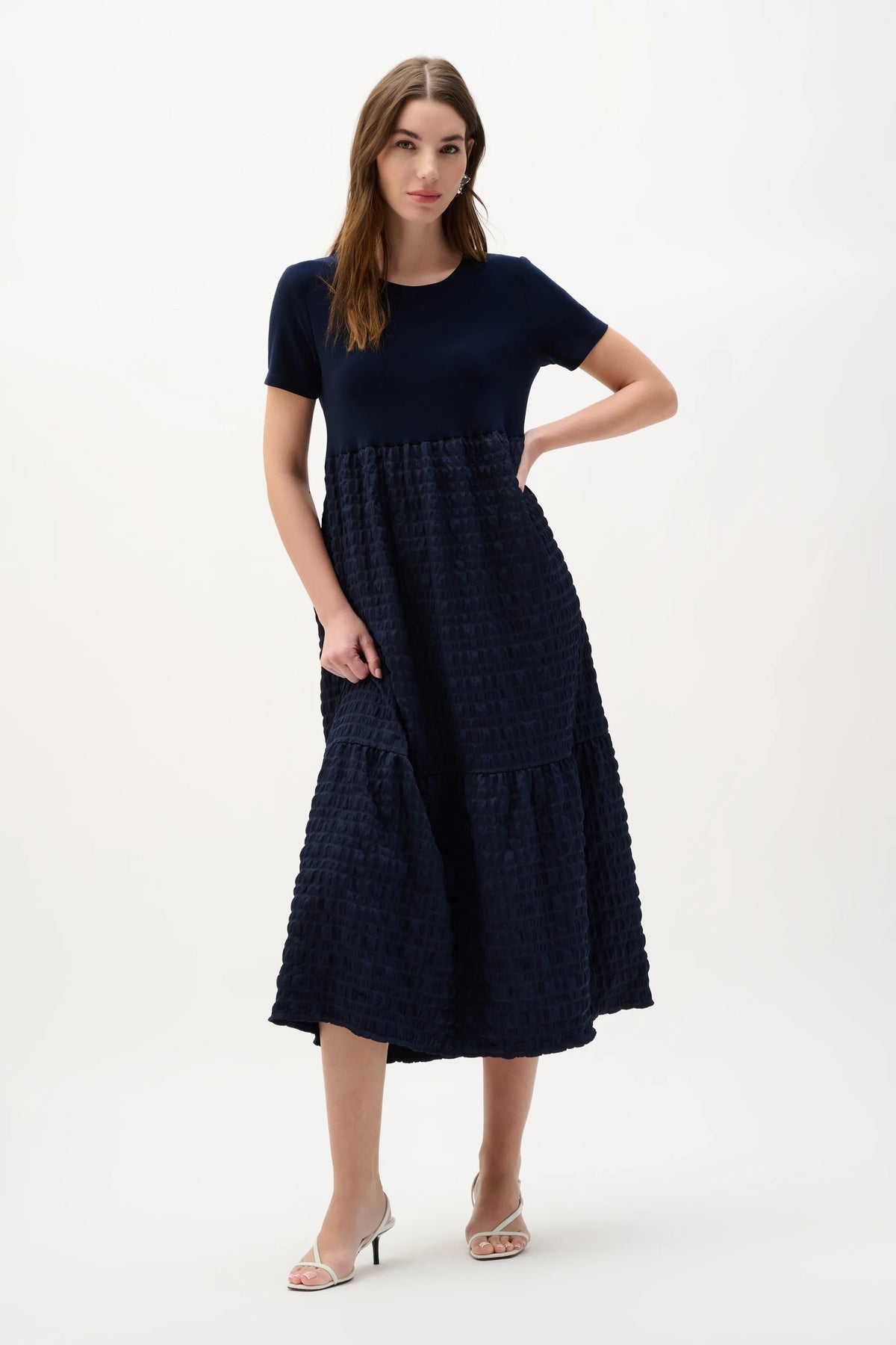 Joseph Ribkoff Midnight Blue Bubble Jacquard Trapeze Dress With Scoop Neckline
