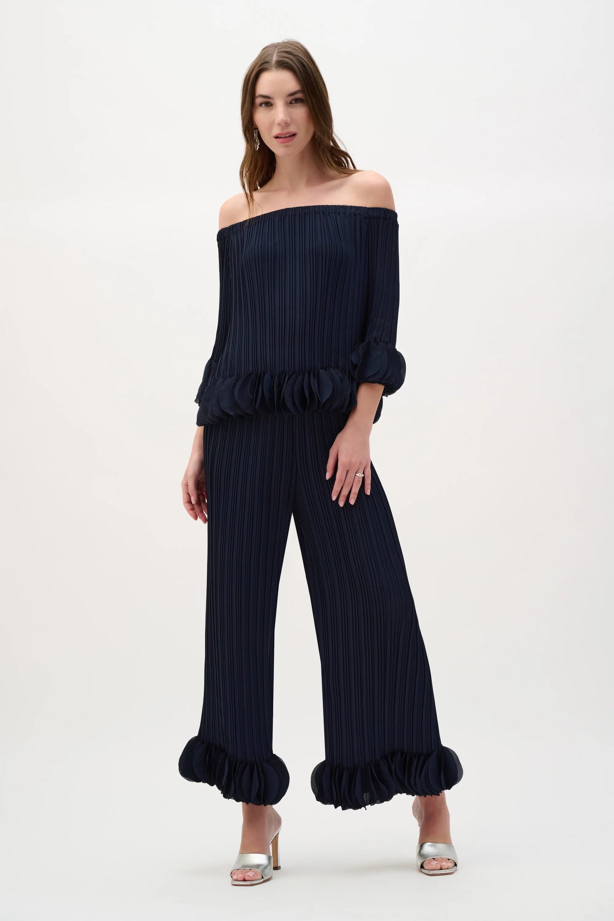 Joseph Ribkoff Midnight Blue Georgette Off Shoulder Pleated Top