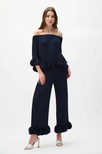 Joseph Ribkoff Midnight Blue Georgette Wide Leg Pleated Pants