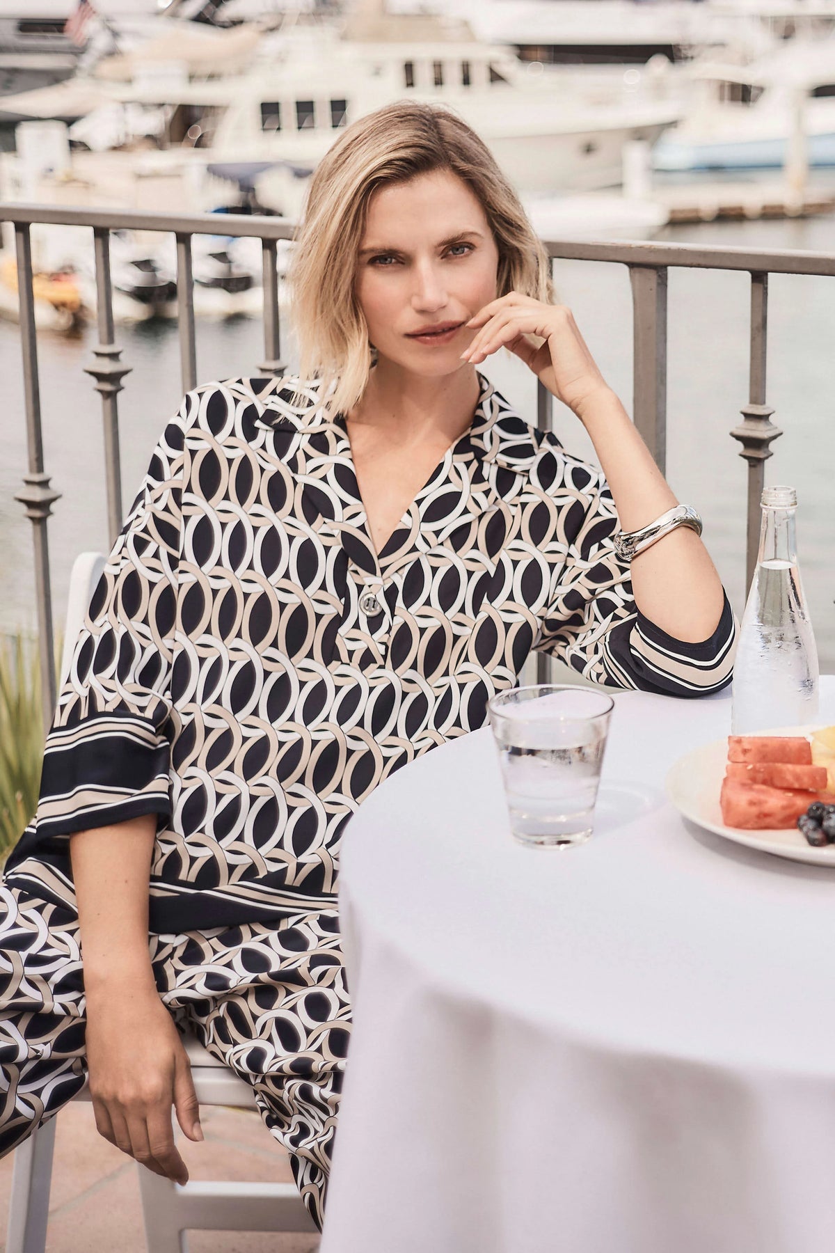 Joseph Ribkoff Midnight Blue/Multi Recycled Woven Geometric Print Boxy Top With Shirt Collar