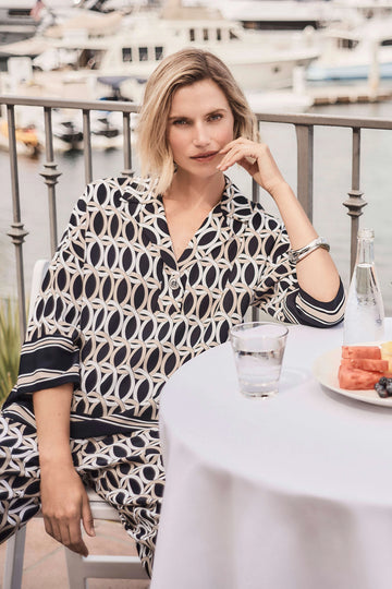 Joseph Ribkoff Midnight Blue/Multi Recycled Woven Geometric Print Boxy Top With Shirt Collar