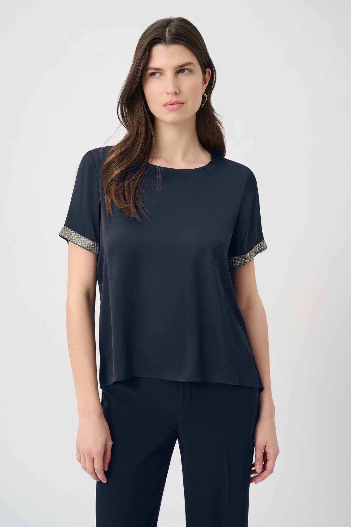 Joseph Ribkoff Midnight Blue Recycled Satin Top With Rhinestones detail