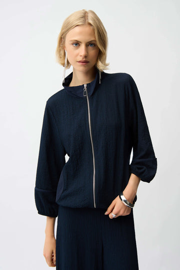 Joseph Ribkoff Midnight Blue Seersucker & Memory Bomber Jacket