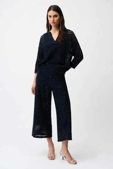 Joseph Ribkoff Midnight Blue Sequins Yarn Culotte Pants With Open Stitch Border