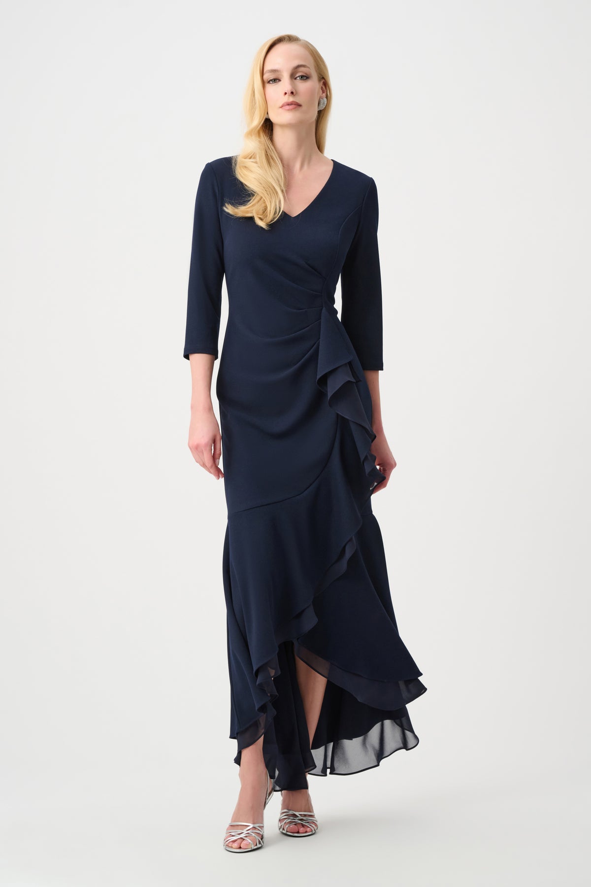 Joseph Ribkoff Midnight Blue Signature | Scuba Crepe and Chiffon Ruffled Trumpet Gown