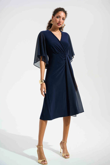Joseph Ribkoff Midnight Blue Signature Silky Knit Fit and Flare Dress With Chiffon Draped Sash