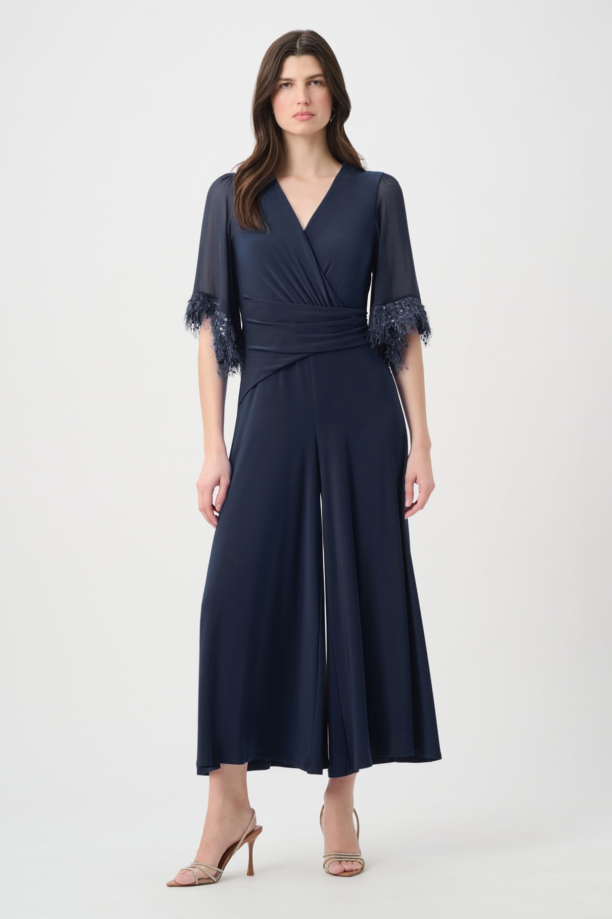 Joseph Ribkoff Midnight Blue Signature | Silky Knit Wide Leg Jumpsuit With Chiffon Sleeves