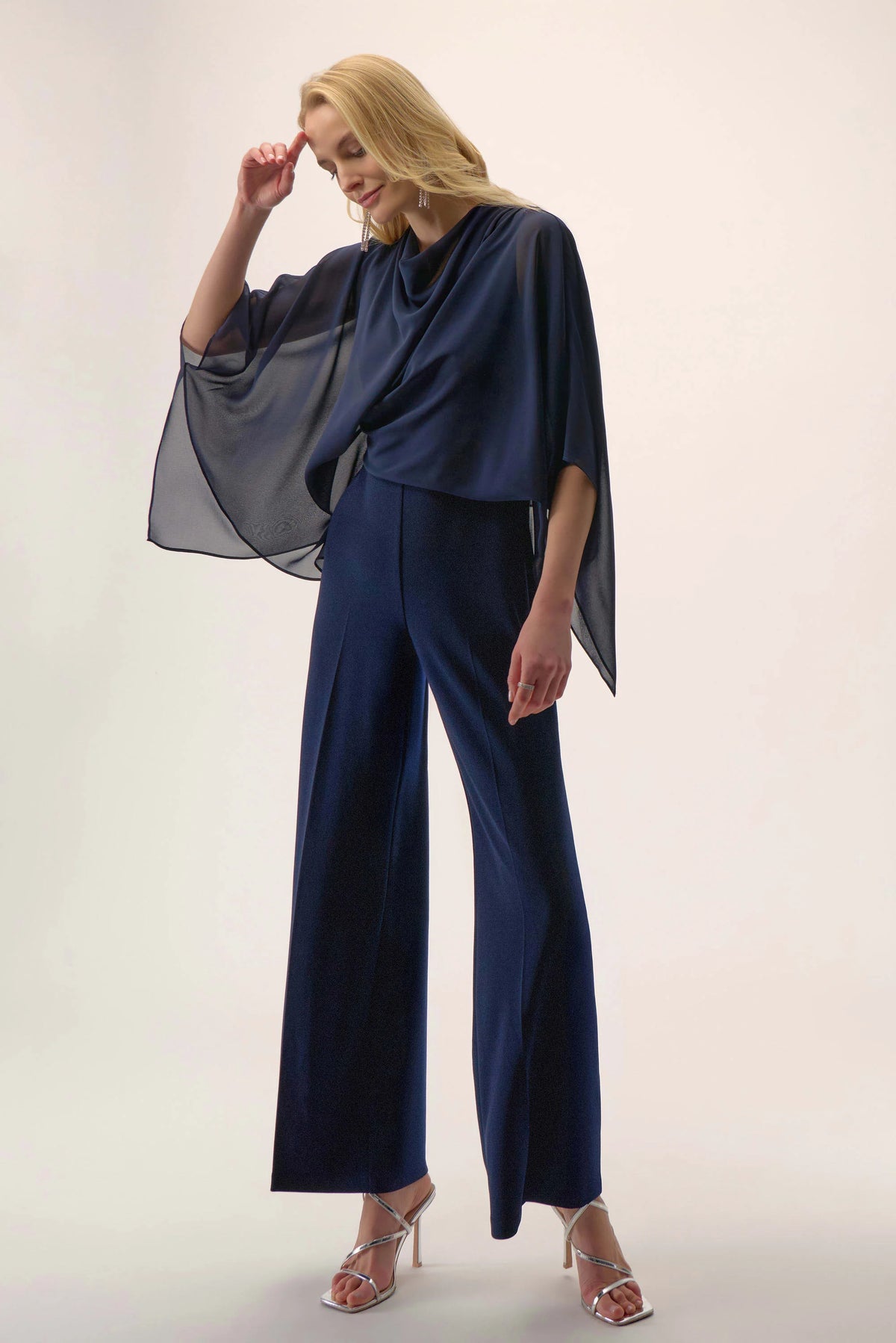 Joseph Ribkoff Midnight Blue Signature | Silky Knit Wide Leg Jumpsuit with Chiffon Overlay