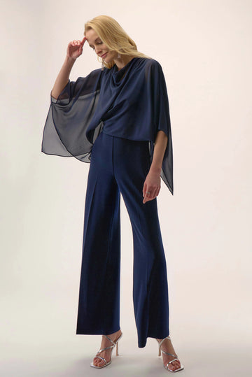 Joseph Ribkoff Midnight Blue Signature | Silky Knit Wide Leg Jumpsuit with Chiffon Overlay
