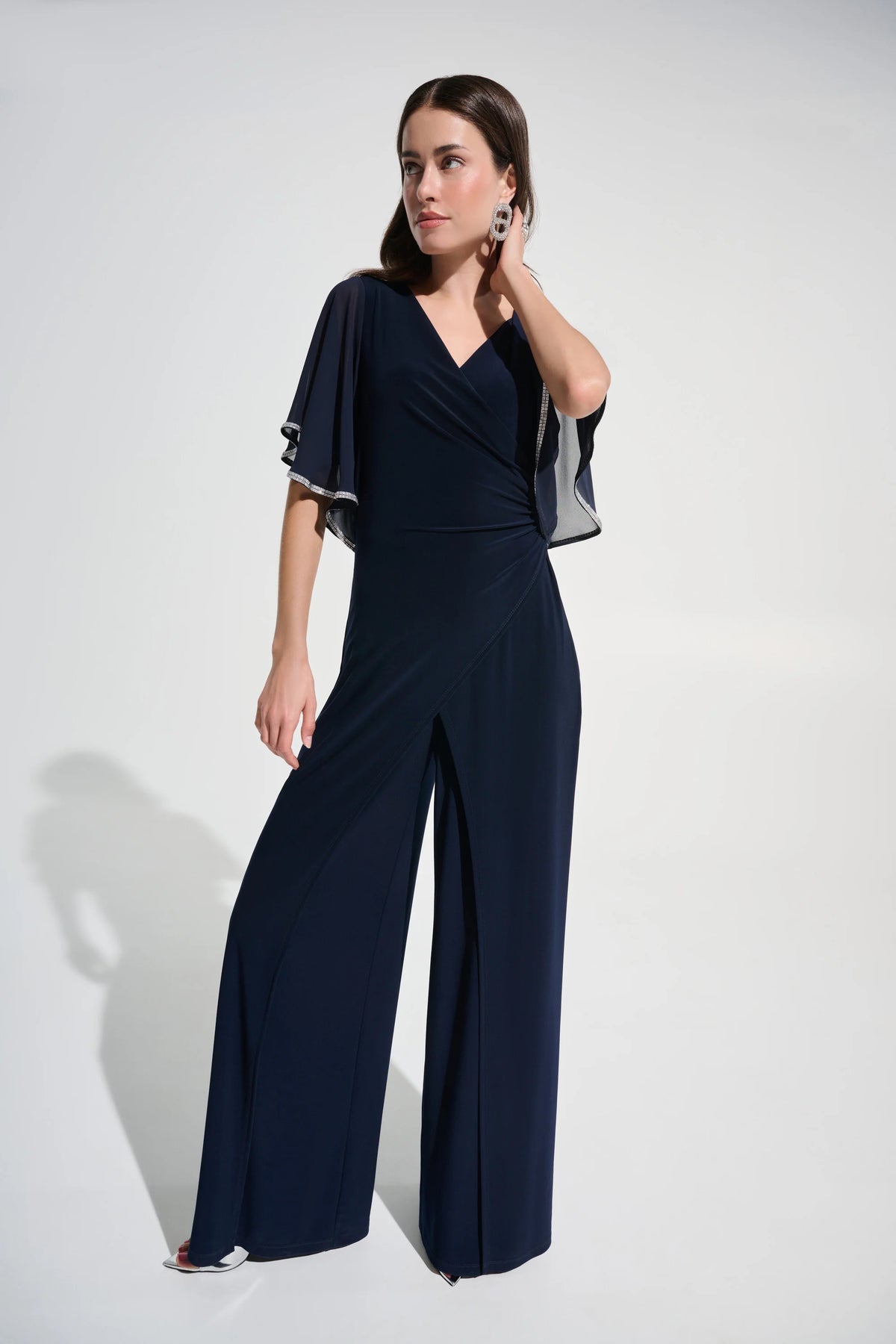Joseph Ribkoff Midnight Blue Signature |Silky Knit Wrap Wide Leg Jumpsuit With Rhinestone Trim