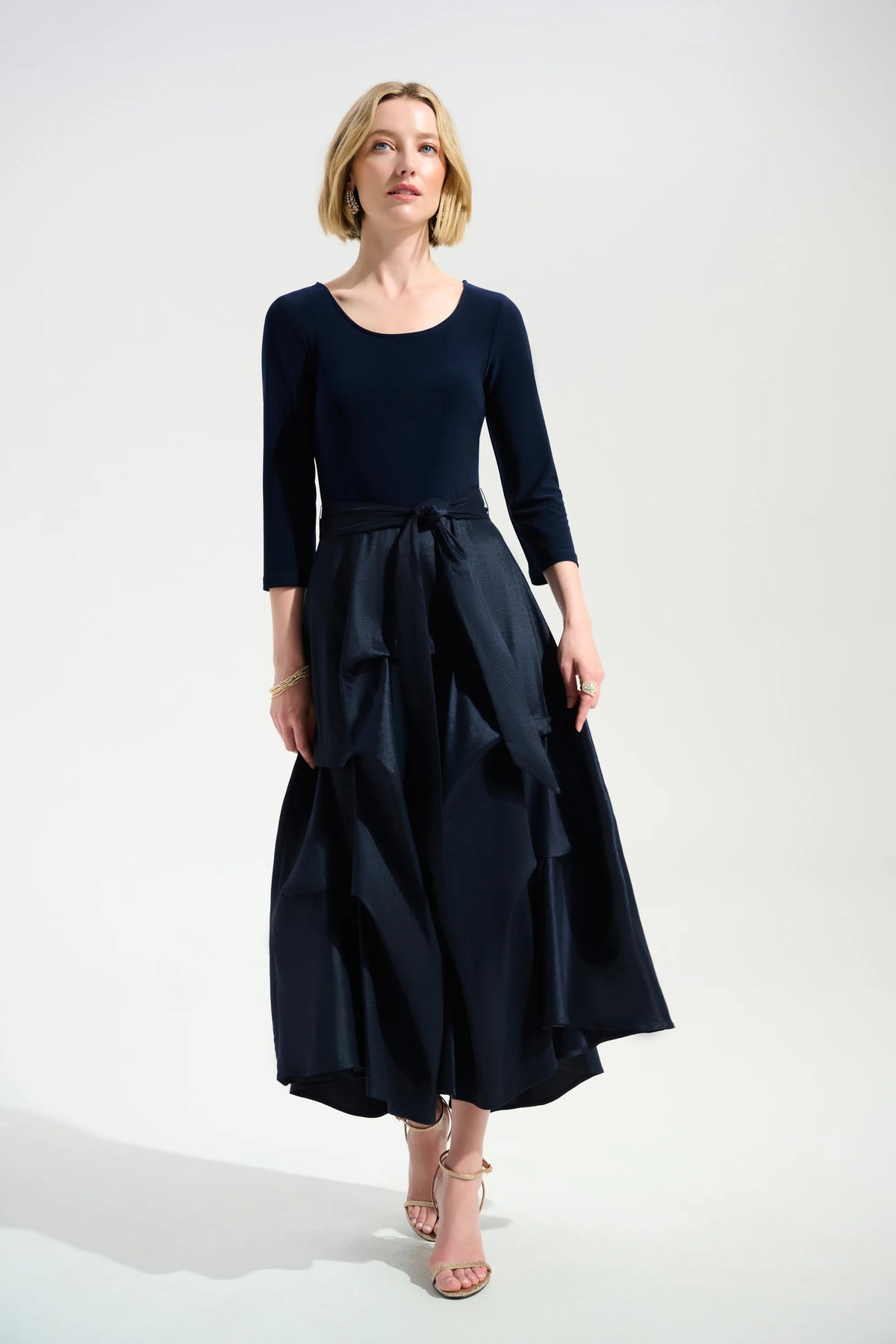 Joseph Ribkoff Midnight Blue Signature Stretch Taffeta Fit And Flare Dress With Silky Knit Bodice