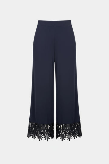 Joseph Ribkoff Midnight Blue Silky Knit Culotte Pants With Guipure Lace Hem
