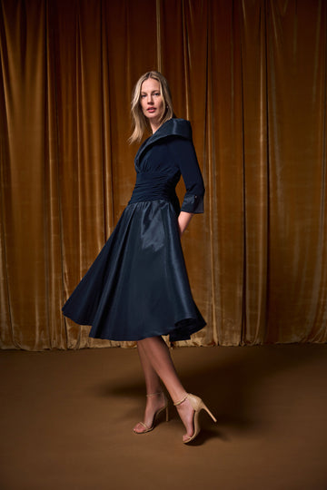 Joseph Ribkoff Midnight Blue V-Neck Lapel Fit & Flare Dress